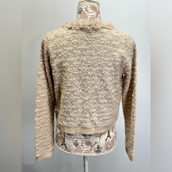 INTERNATIONAL CONCEPTS Cream fringe pearl like detail cardigan sweater size S - Picture 4 of 13